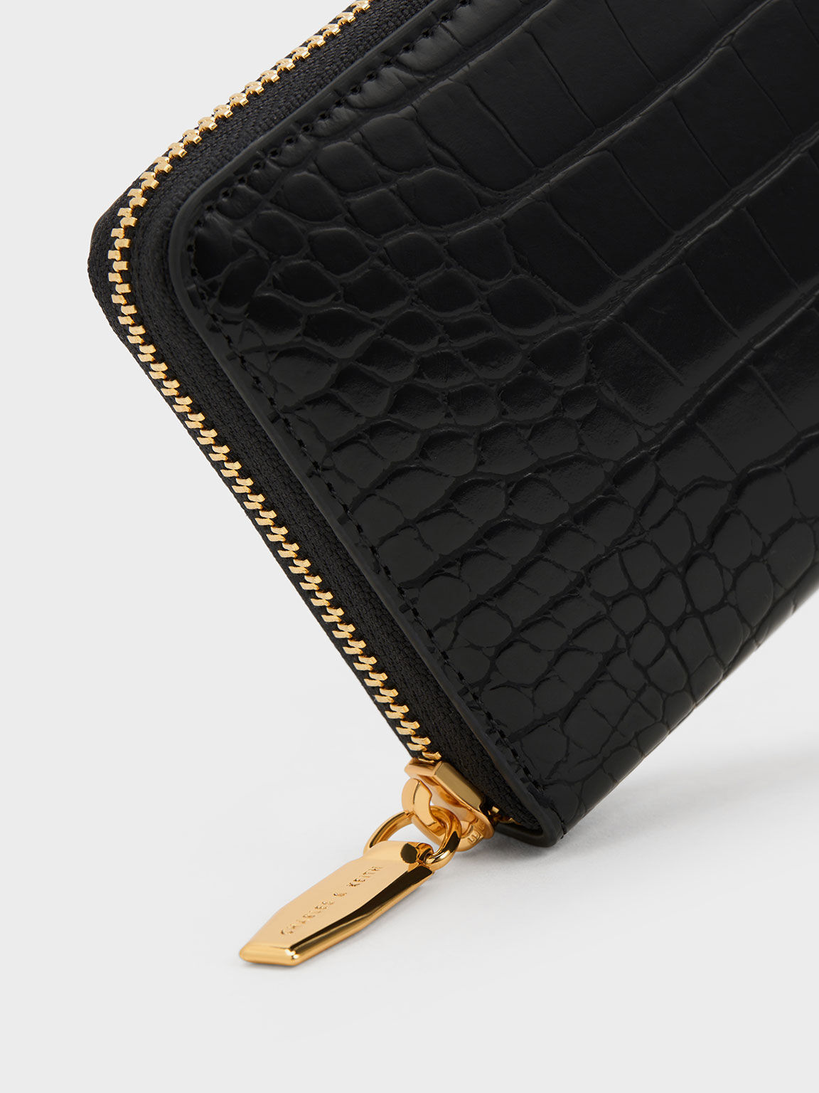 Croc Embossed Zip Around Long Wallet Black