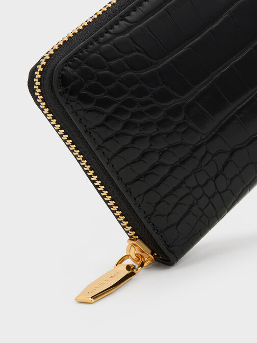 Croc-Embossed Zip-Around Long Wallet, Black, hi-res