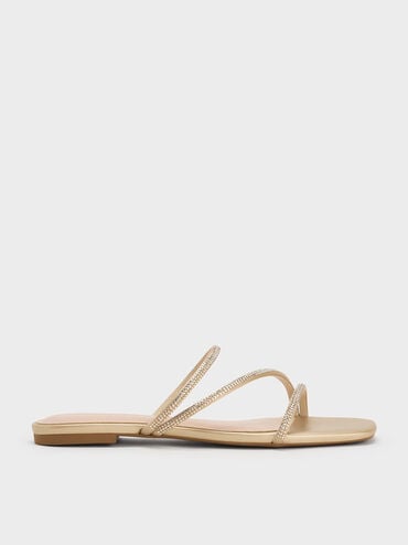 Satin Crystal-Embellished Strappy Sandals, Gold, hi-res