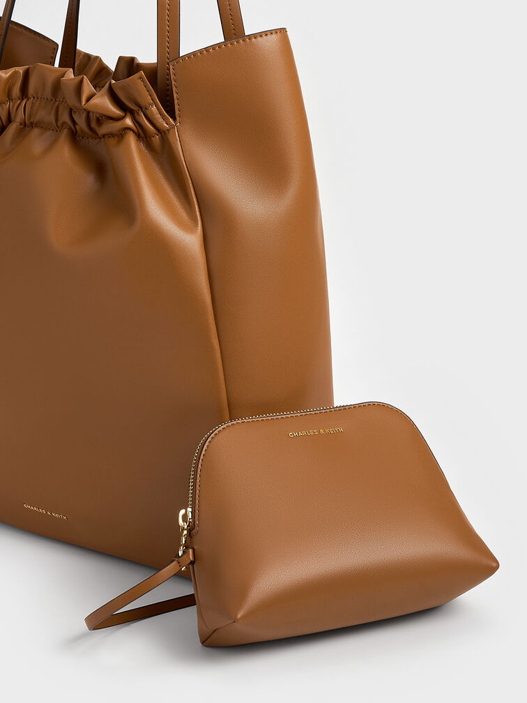 Brigette Ruched Tote Bag, Brown, hi-res