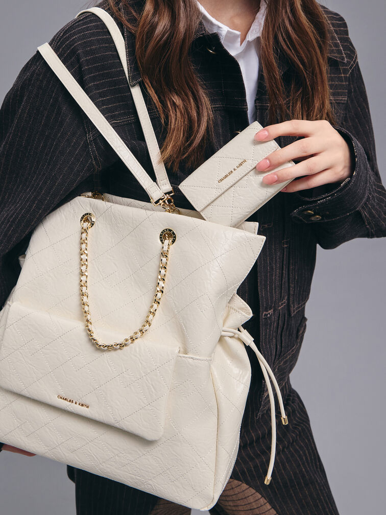 Duo Quilted Braided-Strap Drawstring Two-Way Backpack, Cream, hi-res