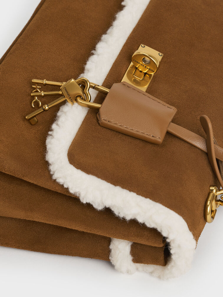 Kerry Recycled Suede & Faux Shearling Chain-Handle Crossbody Bag, Sienna Brown, hi-res