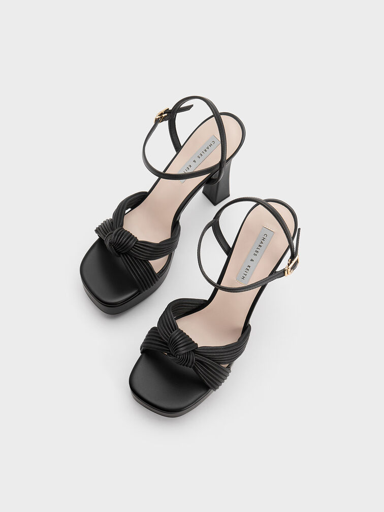 Pleated Knotted Platform Sandals, Black, hi-res