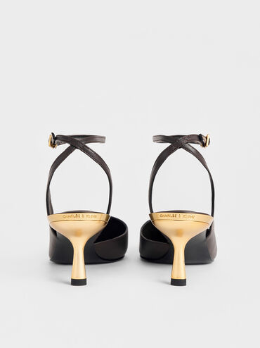 Metallic-Heel Ankle-Strap D'Orsay Pumps, Dark Brown, hi-res