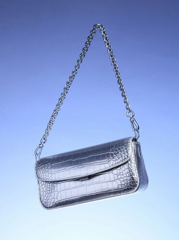 Metallic Croc-Effect Chain-Handle Shoulder Bag, Silver, hi-res