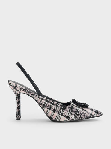 Tweed Beaded Circle Slingback Pumps, Pink, hi-res