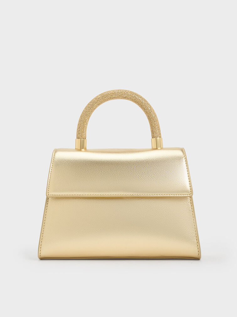 Trapeze Crystal-Embellished Top Handle Bag, Gold, hi-res