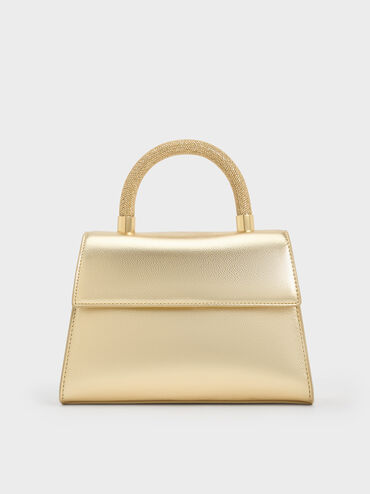 Trapeze Crystal-Embellished Top Handle Bag, Gold, hi-res