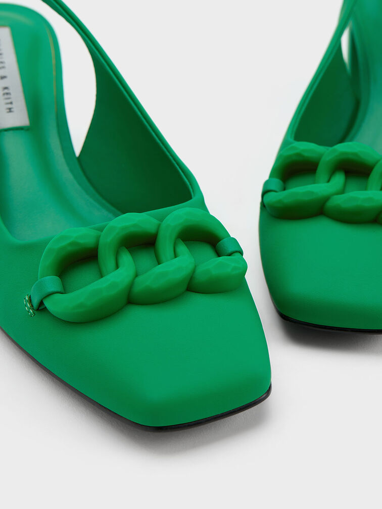 Chunky Chain-Link Slingback Pumps, Green, hi-res