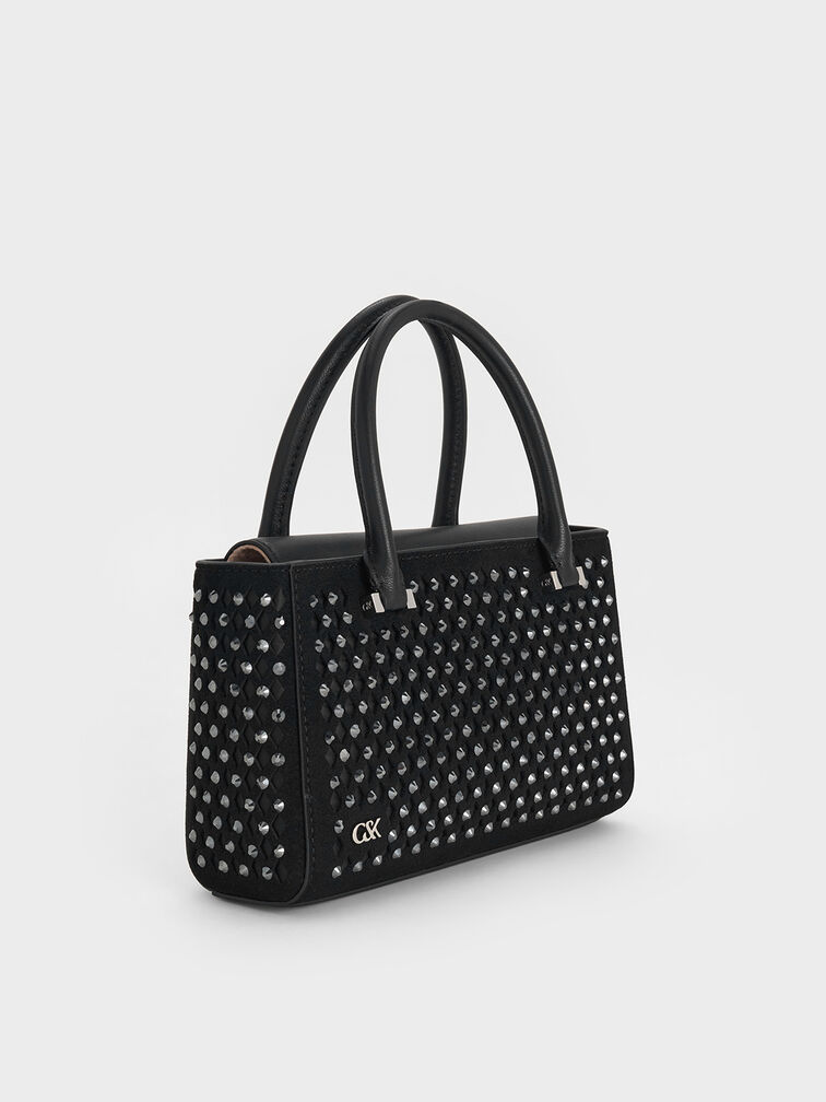 Suede & Leather Studded Cut-Out Tote Bag, Noir, hi-res