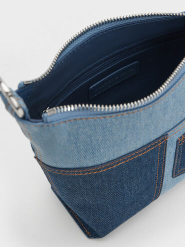 Anthea Denim Contrast-Trim Shoulder Bag, Denim Blue, hi-res