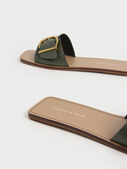 Square Toe Buckled Slides, Olive, hi-res