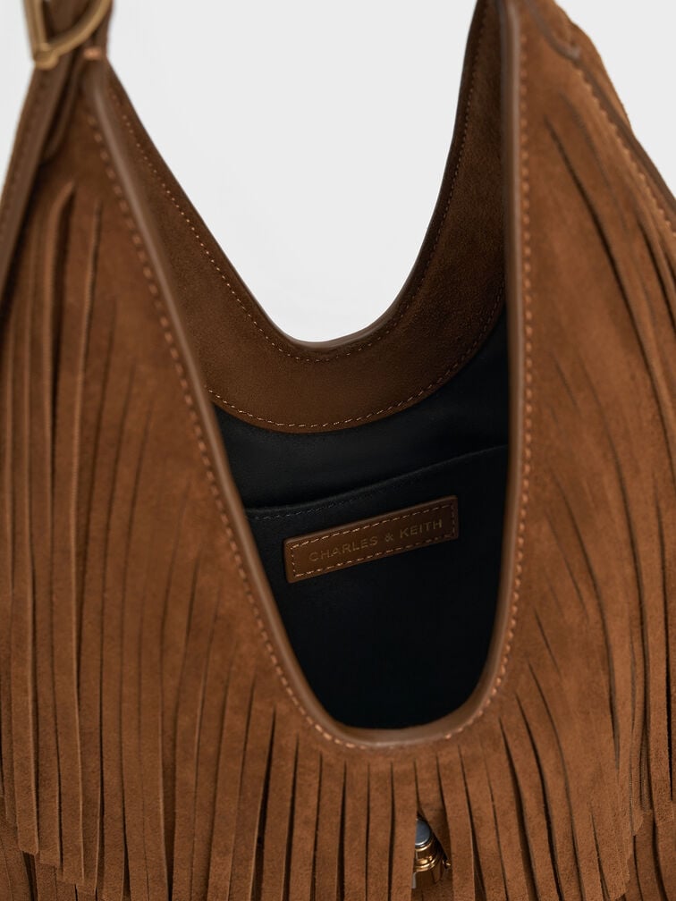 Cesia Recycled Suede Fringed Hobo Bag, Sienna Brown, hi-res