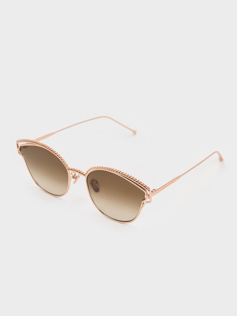 Braided Wire-Frame Cateye Sunglasses, Rose Gold, hi-res