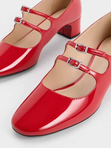 Clementine Double Crystal-Buckle Mary Jane Pumps, Red, hi-res