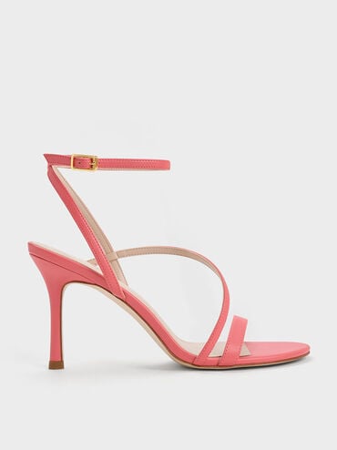 Asymmetric Strappy Heeled Sandals, Coral Pink, hi-res