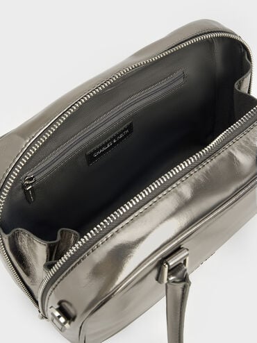 Sianna Metallic Crinkle-Effect Bowling Bag, Pewter, hi-res