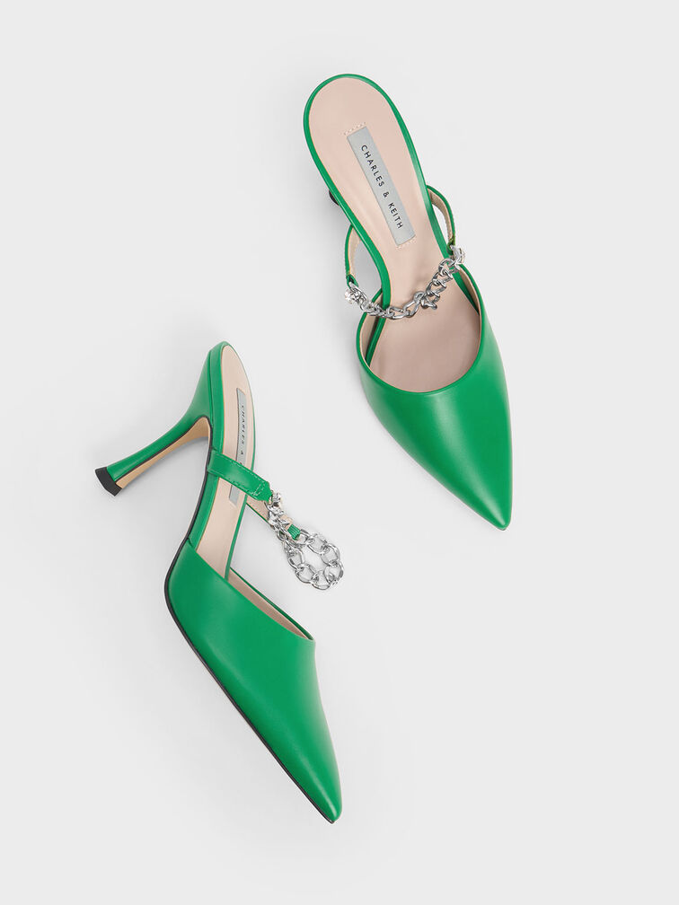 Chain-Link Strap Heeled Mules, Green, hi-res