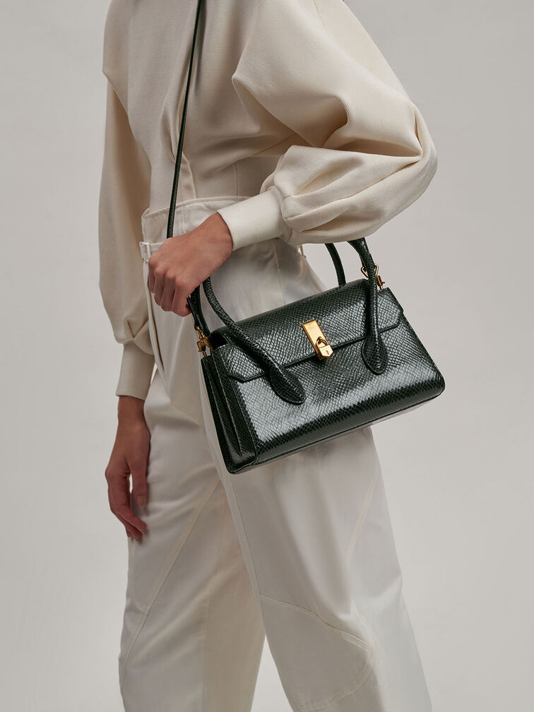 Locket Snake-Print Push-Lock Bag, Dark Green, hi-res