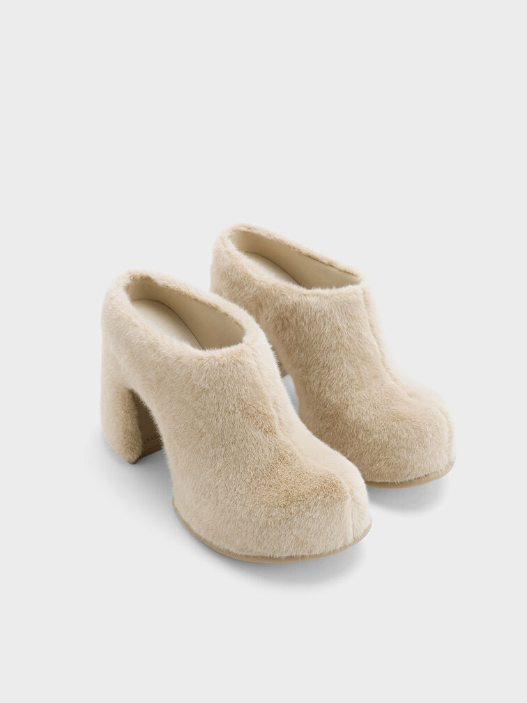 Pixie Furry Platform Mules, Beige, hi-res