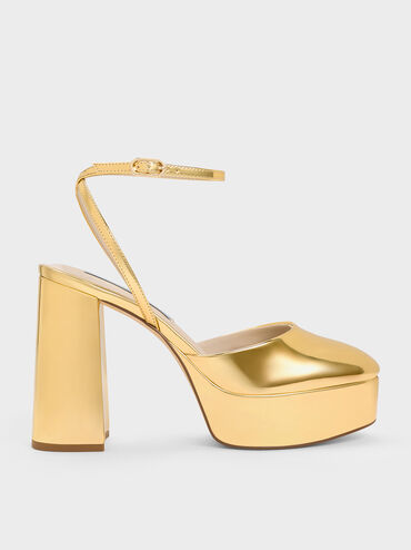 Metallic Platform Ankle-Strap Pumps, Gold, hi-res