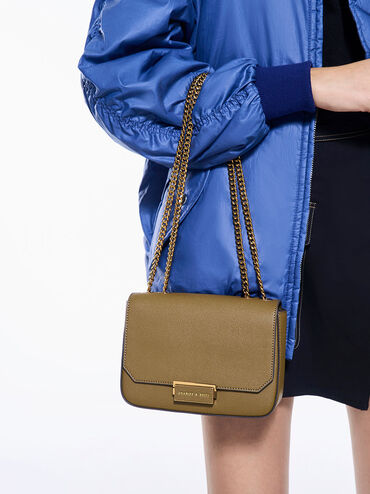 Chain Strap Shoulder Bag, Khaki, hi-res