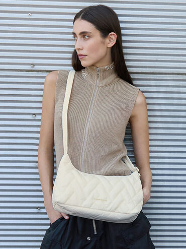Nylon Chevron Shoulder Bag, Cream, hi-res
