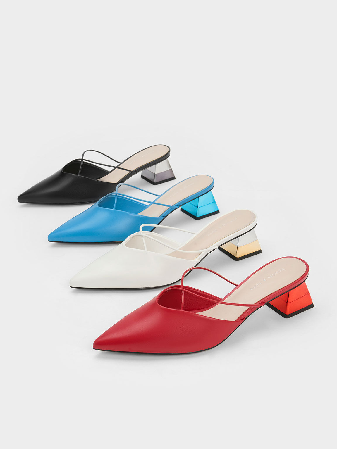 Metallic Trapeze Heel Crossover Mules White