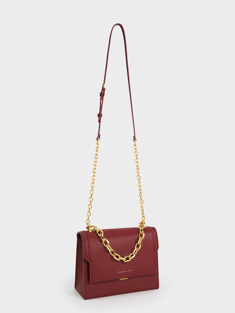 Front Flap Chain Handle Bag, Burgundy, hi-res