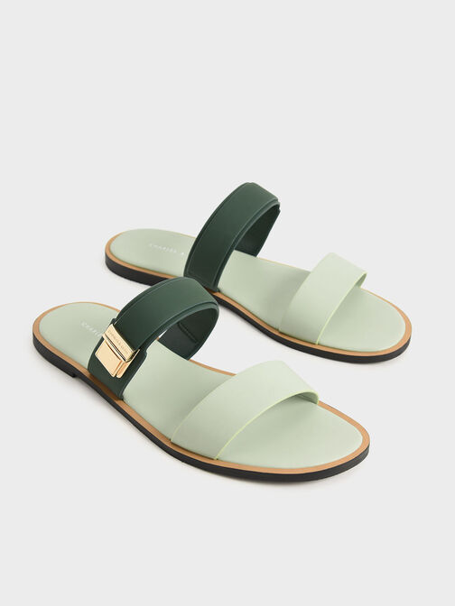 Dove Metallic Buckle Slide Sandals, Green, hi-res