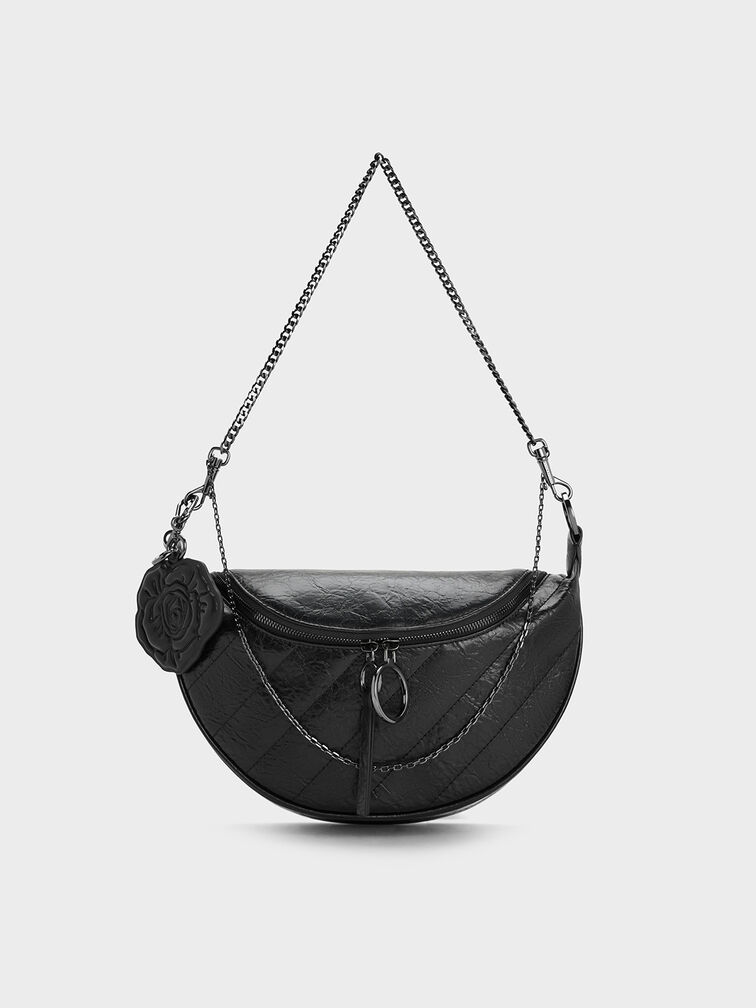 Philomena Rose-Motif Half-Moon Crossbody Bag, Noir, hi-res