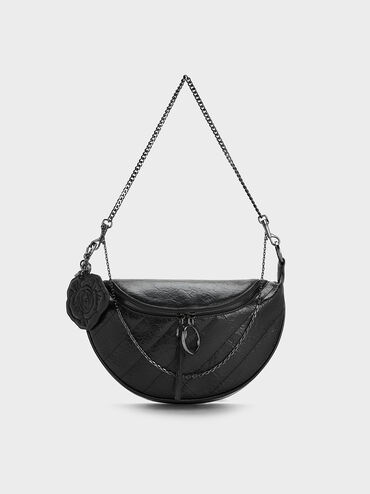 Philomena Rose-Motif Half-Moon Crossbody Bag, Noir, hi-res