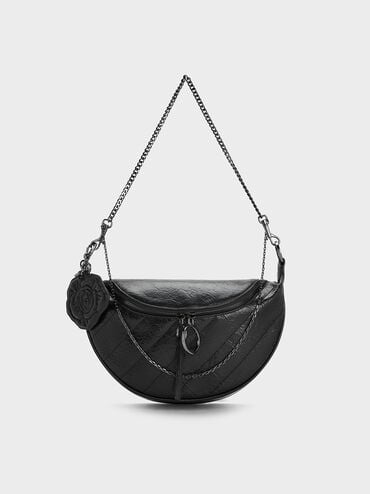 Philomena Rose-Motif Half-Moon Crossbody Bag, Noir, hi-res