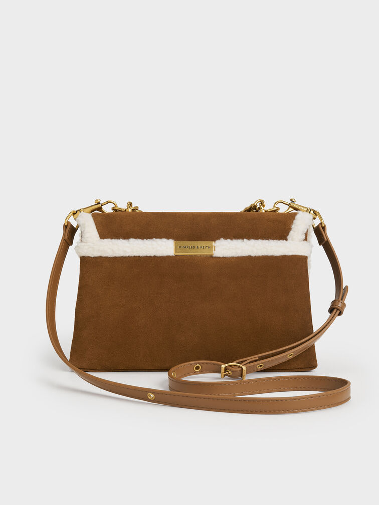 Kerry Recycled Suede & Faux Shearling Chain-Handle Crossbody Bag, Sienna Brown, hi-res