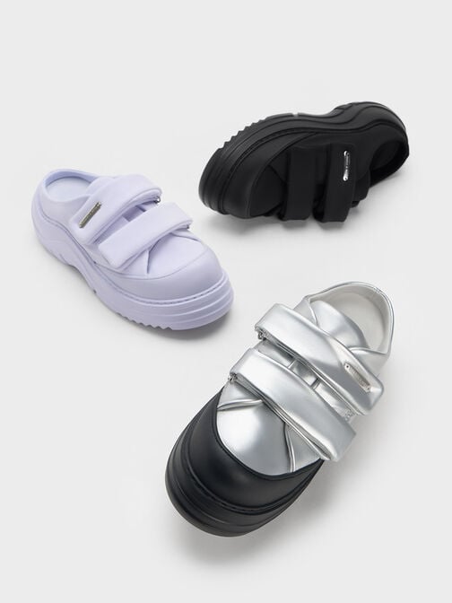 Nylon Padded Double-Strap Slip-On Sneakers, Black Textured, hi-res