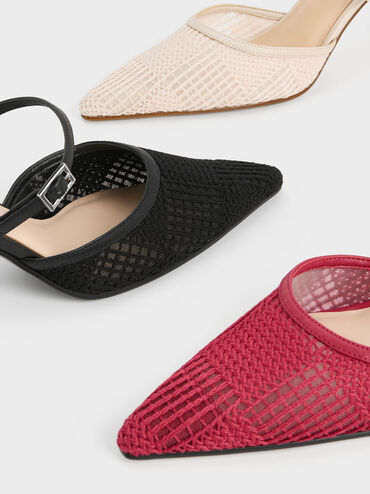 Mesh Woven Heeled Mules, Red, hi-res