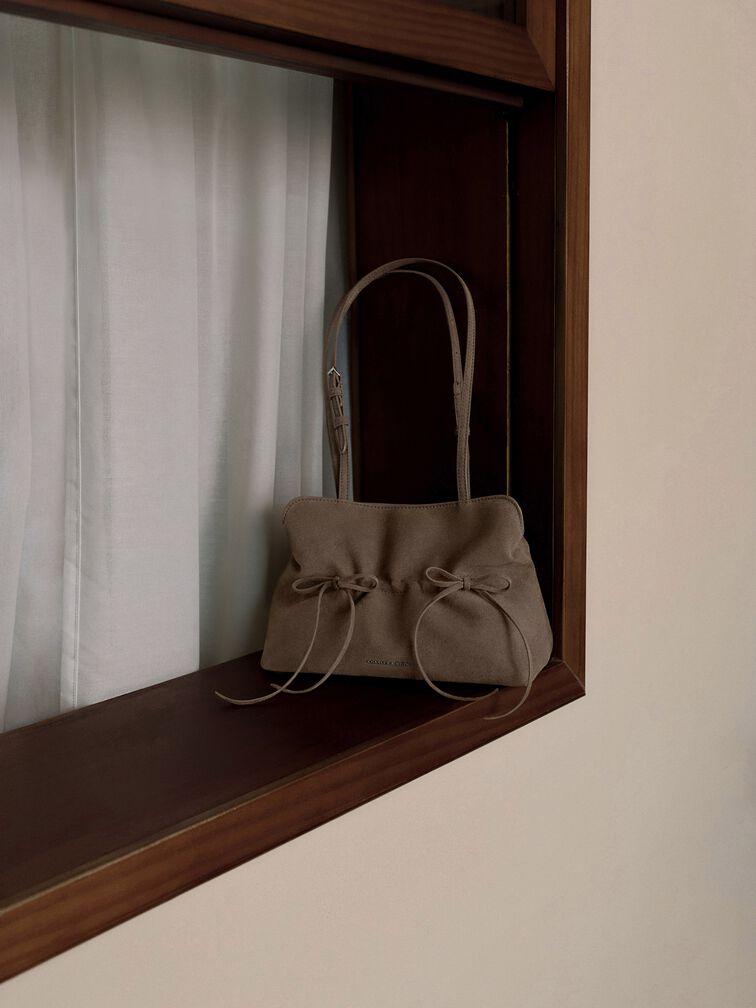 Reese Ruched Bow Shoulder Bag, Stone Grey, hi-res