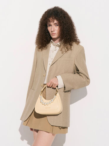 Beaded Handle Hobo Bag, Beige, hi-res