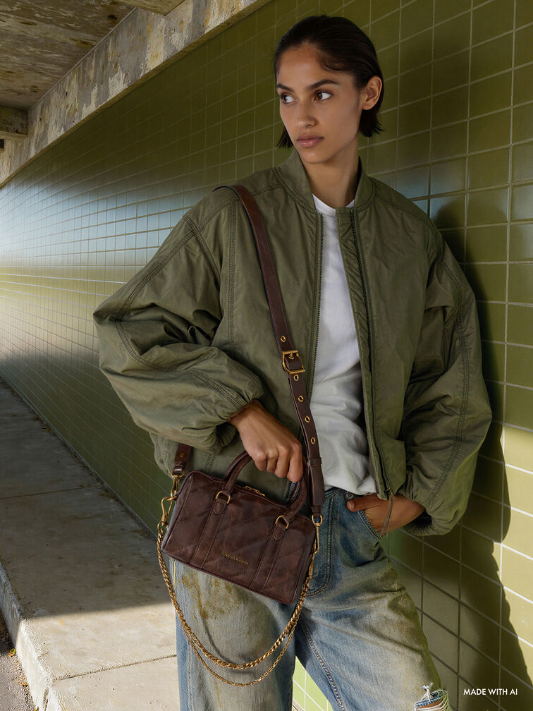 Philomena Panelled Chain-Handle Bowling Bag, Distressed Coffee, hi-res