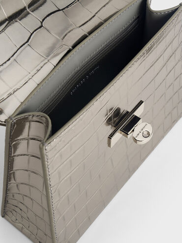 Samantha Metallic Croc-Effect Envelope Top Handle Bag, Pewter, hi-res