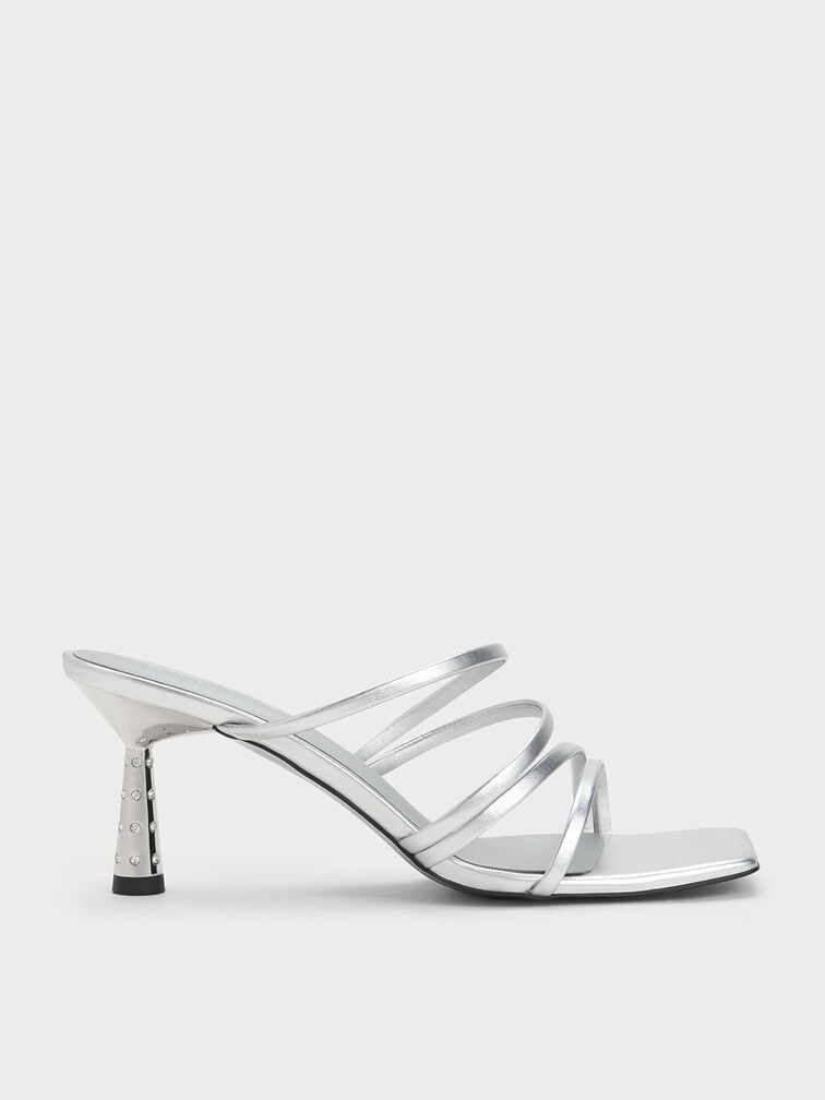 Metallic Embellished Cone Heel Sandals, Silver, hi-res