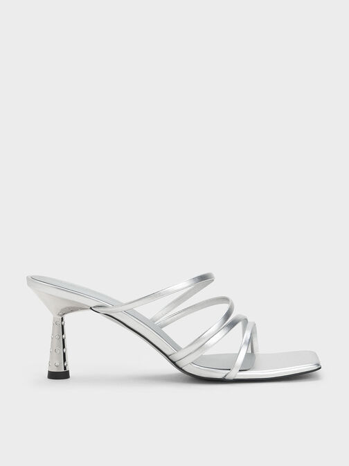 Metallic Embellished Cone Heel Sandals, Silver, hi-res