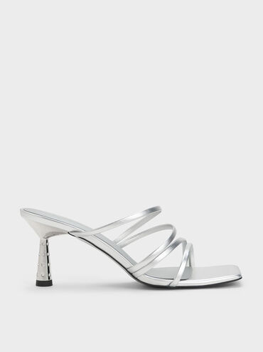 Metallic Embellished Cone Heel Sandals, Silver, hi-res