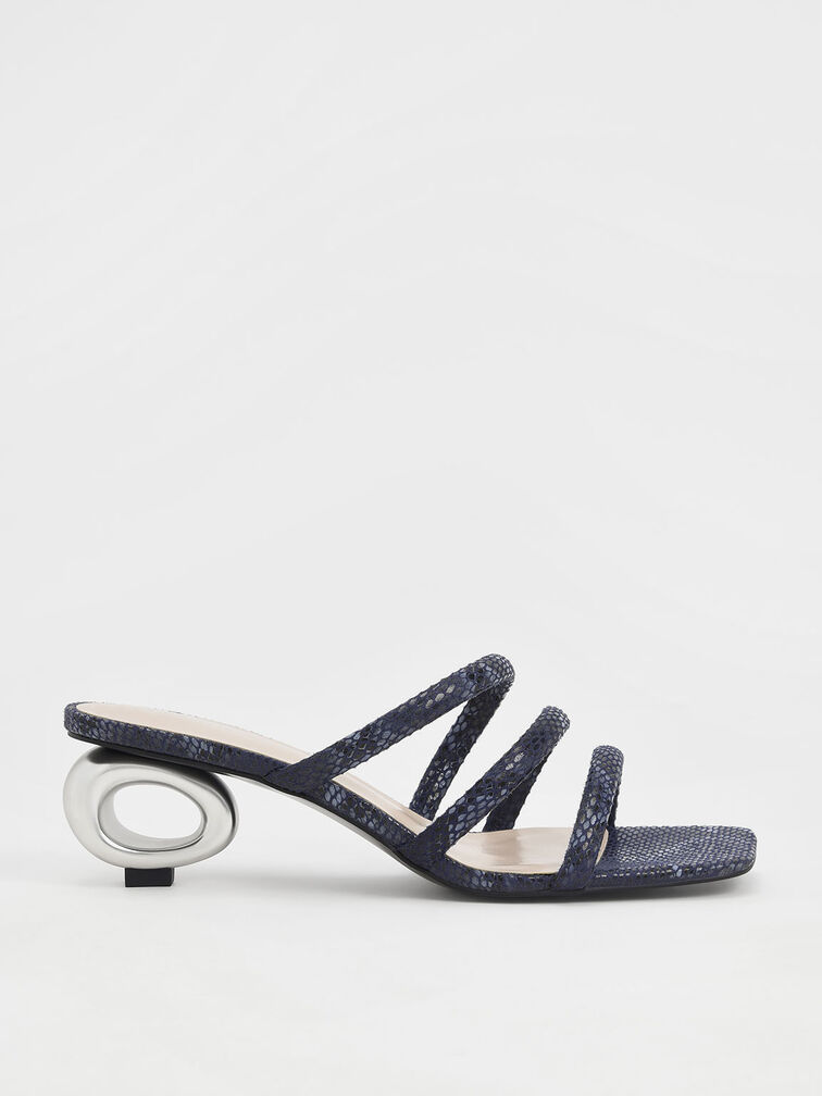 Sculptural Heel Snake Print Tubular Mules, Animal Print Blue, hi-res