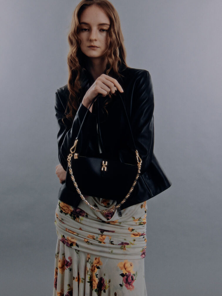 Adalyn Metallic-Buckle Chain-Handle Shoulder Bag, Black, hi-res