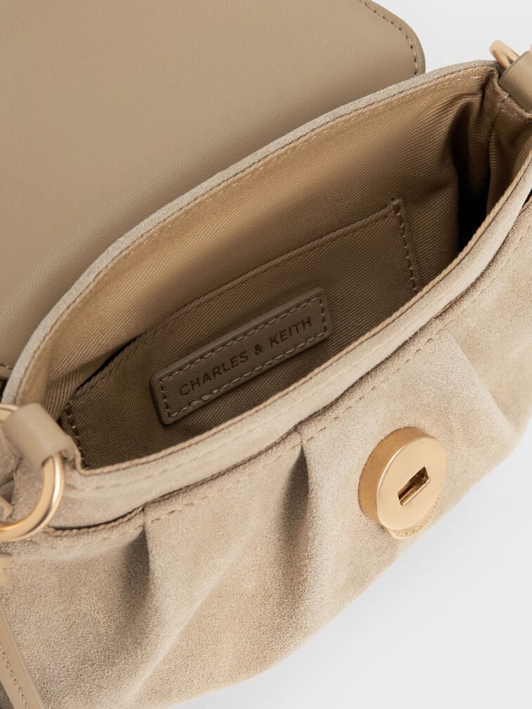 Britton Recycled Suede Ruched Saddle Bag, Nutmeg Beige, hi-res