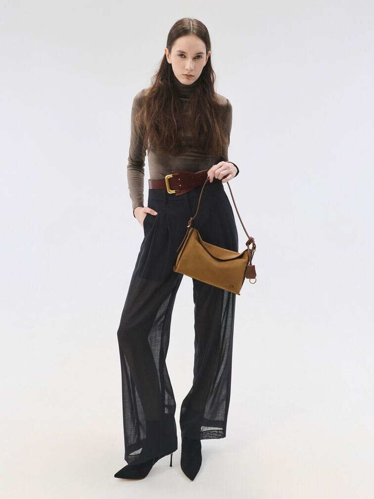 Leather & Suede Top-Flap Hobo Bag, Brown, hi-res
