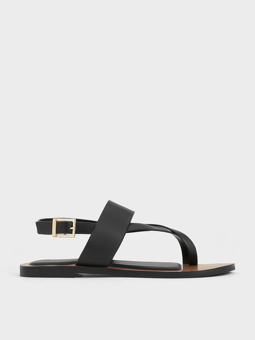 Toe-Ring Crossover-Strap Sandals, Black, hi-res