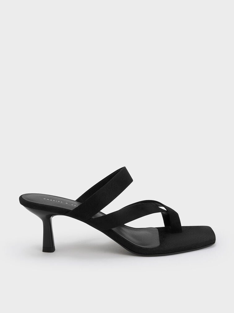 Textured Asymmetric Toe Ring Heeled Sandals, Black, hi-res