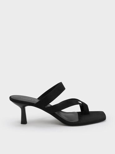 Textured Asymmetric Toe Ring Heeled Sandals, Black, hi-res